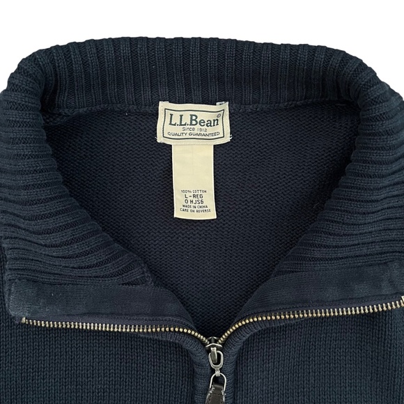 L.L. Bean Men’s L Full Zip Knit Sweater Cotton Mock Neck Navy Blue Regular Heavy - Picture 3 of 8